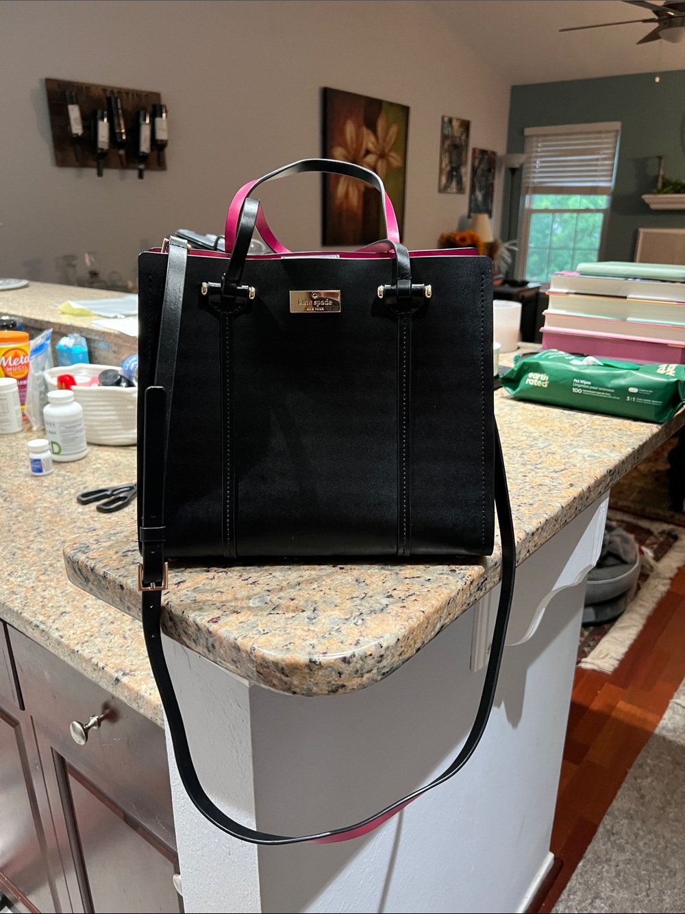 Kate Spade Black and Pink Structured Tote Bag with Shoulder Strap